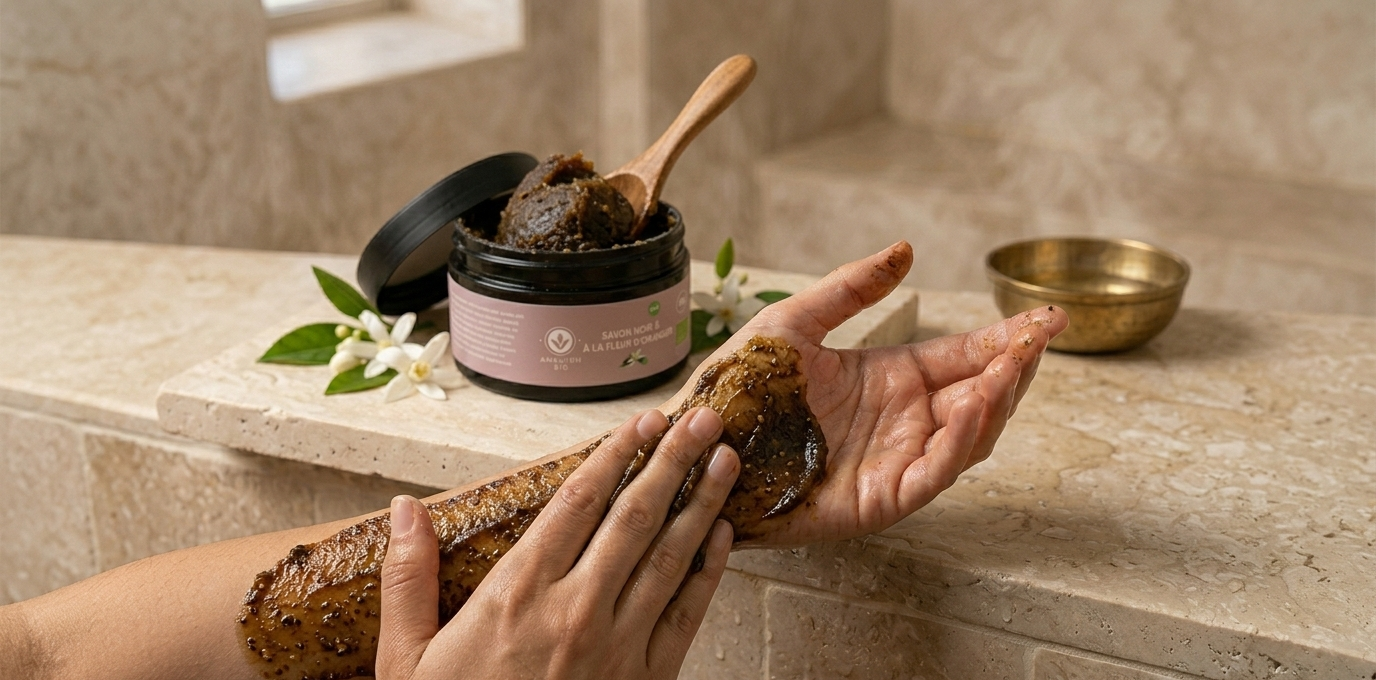 Savon Noir à la Fleur d’Oranger – Gommage Corps Apaisant & Purifiant