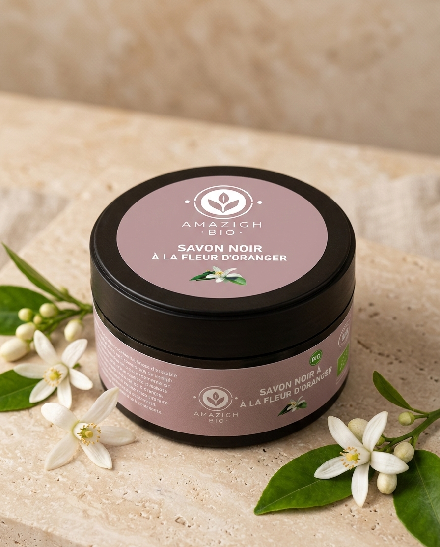Savon Noir à la Fleur d’Oranger – Gommage Corps Apaisant & Purifiant