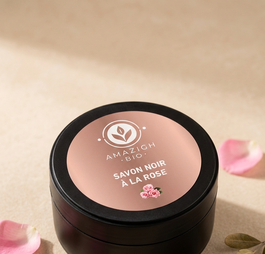 Savon Noir à la Rose des Montagnes du Maroc – Gommage Royal & Éclat
