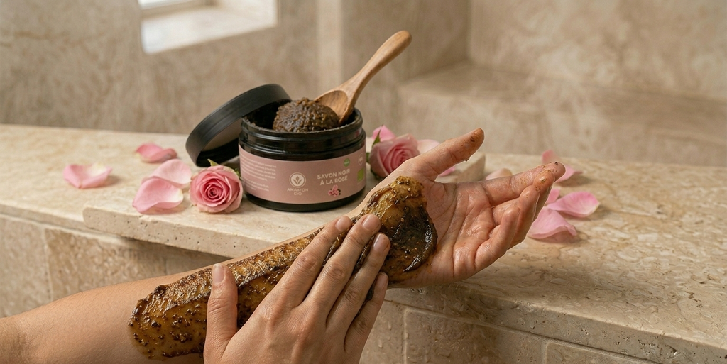Savon Noir à la Rose des Montagnes du Maroc – Gommage Royal & Éclat